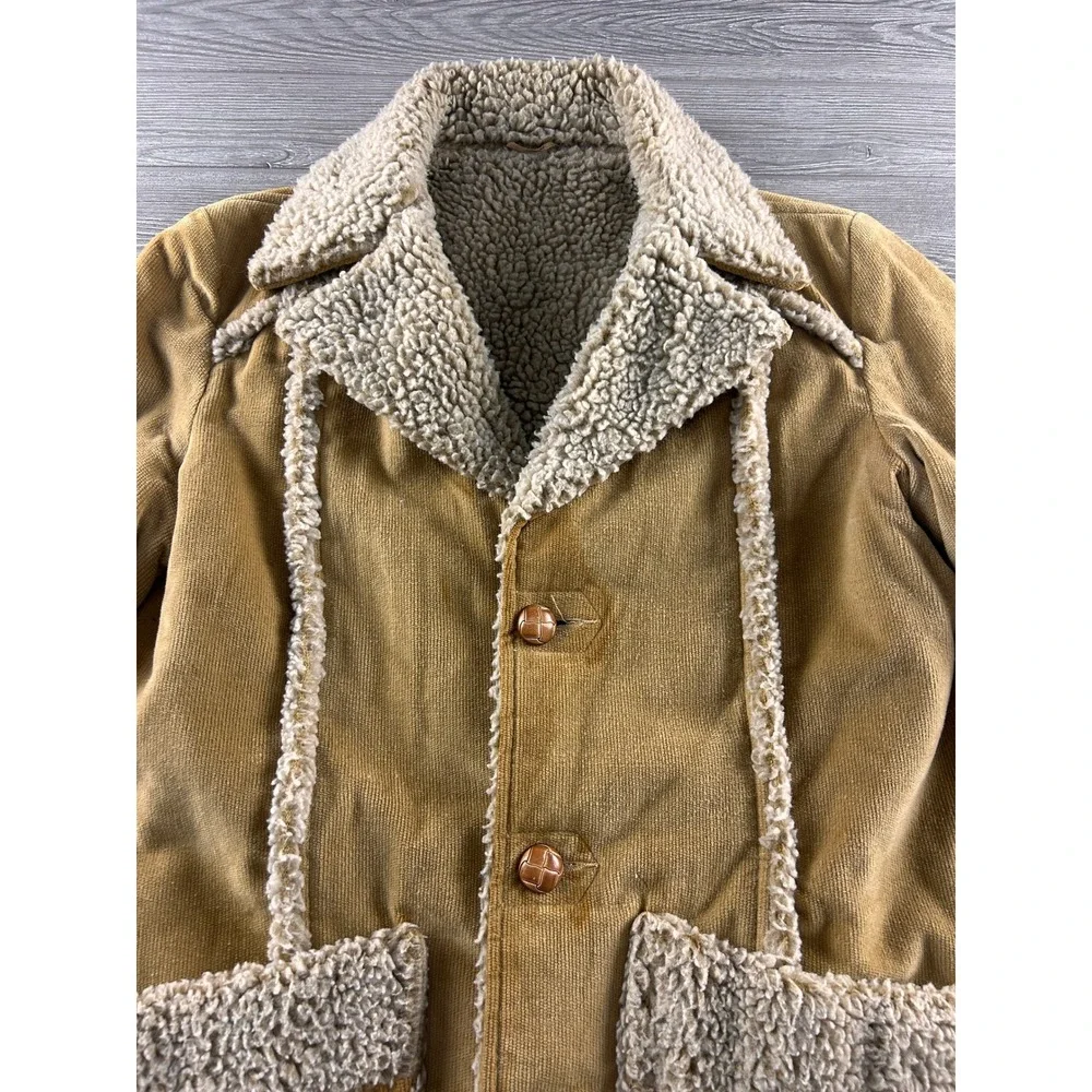 Vintage Tan Corduroy Sherpa Lined Ranch Coat Western Jacket Brown Buttons Mens L